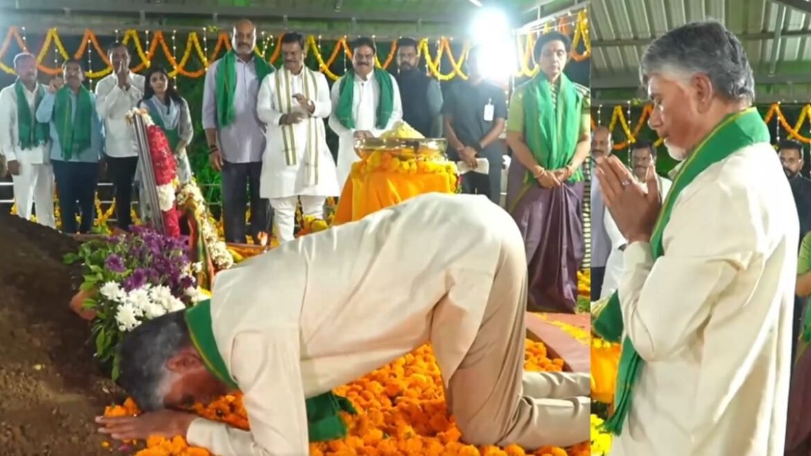 సాష్టాంగ ప్రణామం.. ఆంధ్రుల ఆత్మగౌరవానికి దక్కిన విజయం | అమరావతి ఆగదు: రాజధాని బిల్లును పార్లమెంట్ ఆమోదించిన తర్వాత ఫౌండేషన్ సైట్ వద్ద సీఎం చంద్రబాబు సాష్టాంగం
